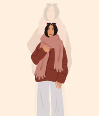 Illustration of fashionable winter girl on light pink background.
