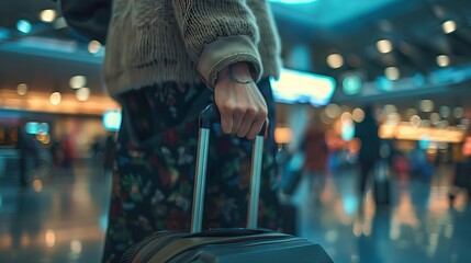 Female traveler holding suitcase handle and checking flight times on display at busy airport...