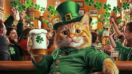 Festive ginger cat in green attire celebrating st. patrick's day at a pub