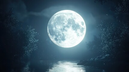 The moon is shining brightly, with the silver-white color of its surface reflecting light in all directions. 