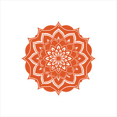 Top view of a ceramic plate showcasing a detailed floral mandala design in vibrant orange and teal colors, isolated on white background.