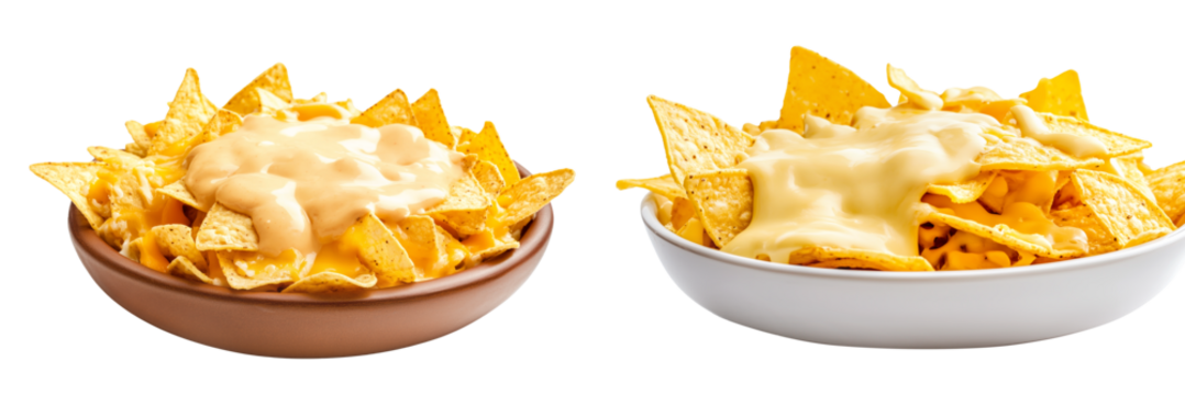 Set of nachos topped with melted cheese, jalapeno slices, and diced tomatoes isolated on white background. Concept of delicious snack food - Powered by Adobe