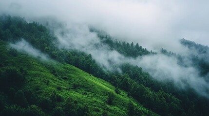A green mountain covered in fog, with lush grass and trees on the slopes of the Indian mountains. 