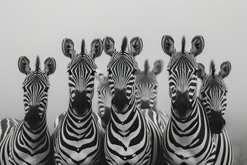 Fototapeta premium Painting- A group of zebras , their black-and-white stripes bold on a gray backdrop