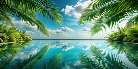 Fototapeta premium Tranquil Tropical Oasis with Palm Trees and Reflecting Clouds Above a Pristine Pool