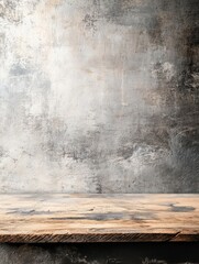 A rustic wooden table against a textured gray background, ideal for product photography.