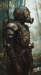 Steampunk Explorer in Forest with Gas Mask and Armor Gear and Backpack on his Back standing