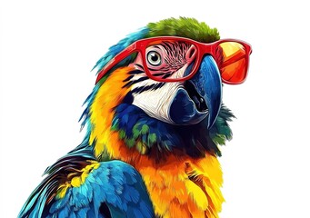 Obraz premium Illustration of a colorful parrot wearing red glasses, against a white background.