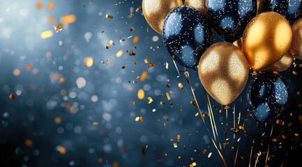 A festive scene with golden and navy blue balloons, confetti falling in the air, and an atmosphere of celebration. 