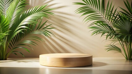 A natural wooden pedestal sits in a minimalist setting, surrounded by lush green palm fronds, bathed in soft, warm sunlight.