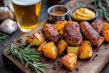 a wooden board filled with smoky sausages and golden roast potatoes, seasoned with paprika and thyme
