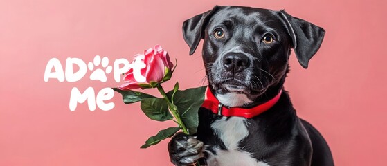 Obraz premium Süßer Hund mit Rose Adoptiere mich Stockfoto für Tierheim und Tierschutz