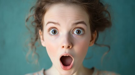 Close-up portrait of a surprised young woman with an open mouth and wide eyes looking at the camera