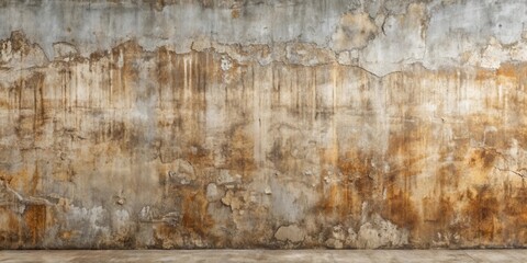 Obraz premium A weathered and distressed concrete wall with a worn and mottled surface, exhibiting a rich tapestry of earthy tones and subtle variations in texture.