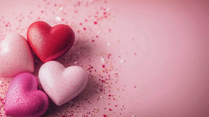 Fototapeta premium Glittery Pink and Red Hearts on Sparkling Pink Background