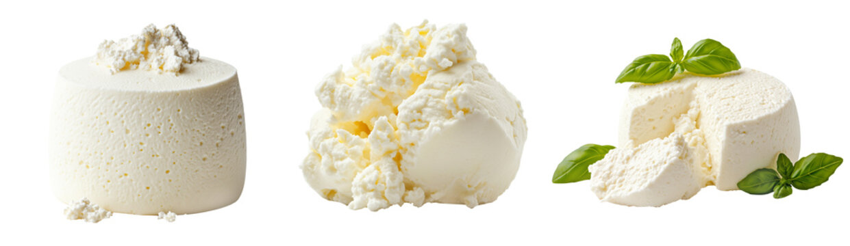 Set of ricotta cheese with basil isolated on white background. Concept of dairy products and healthy eating.