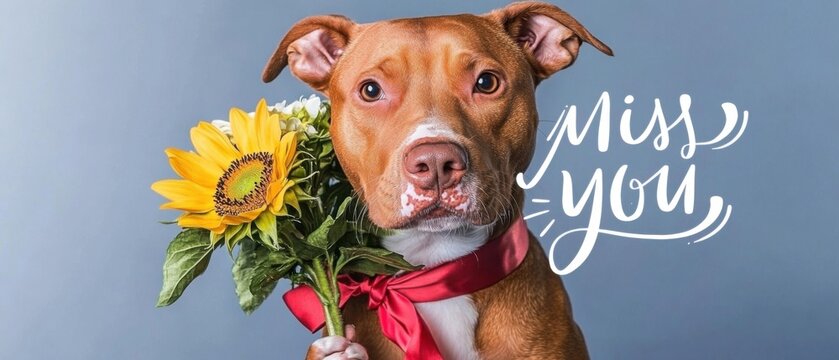 Trauriger Hund mit Sonnenblumenstrau&szlig;  vermisse dich Foto