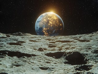 Serene Lunar Landscape with Glowing Planet Earth in the Starry Sky