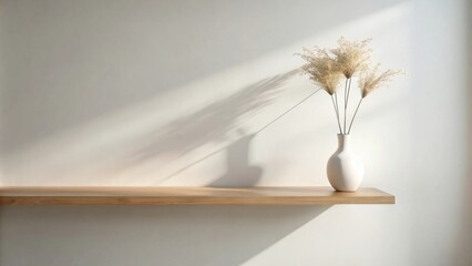 A simple wooden shelf against a white wall with a vase of dried flowers and soft, natural light creating a minimalist design aesthetic.