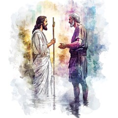 Fototapeta premium Artistic Watercolor Depiction of Jesus and John the Baptist Meeting by the River.