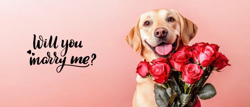 Romantischer Hund mit Rosenstrau&szlig;: Heiratsantrag mit Labrador und Rosen