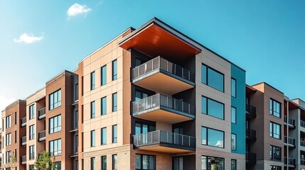 A photograph of an apartment building with modern architecture, showcasing sleek balconies and minimalist design elements against the clear blue sky. 
