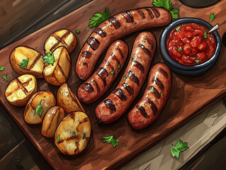 a wooden board filled with smoky sausages and golden roast potatoes, seasoned with paprika and thyme