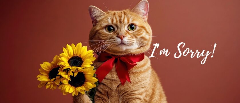 Entschuldigen Sie, s&uuml;&szlig;e Katze mit Sonnenblumenstrau&szlig; sagt es leid