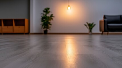 Fototapeta premium Modern Living Room Interior Design Light Grey Laminate Floor Warm Lighting