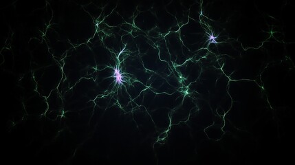 Glowing green neural-like connections on black background. Scientific or biological visual concept