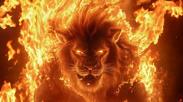 A majestic lion surrounded by flames, its mane glowing like fire, symbolizing strength and courage. Background