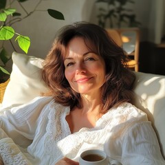 Woman Relaxing Indoors With a Warm Drink in Sunlight