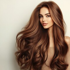 Woman With Long Brown Wavy Hair Posing In Studio With Neutral Background Soft Lighting Portrait