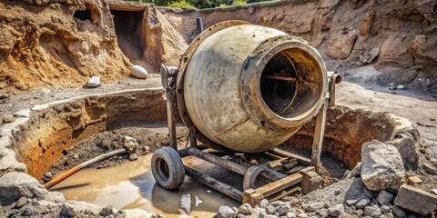 A weathered concrete mixer sits idle in a muddy construction site, its rusted metal frame and chipped paint hinting at years of hard labor.
