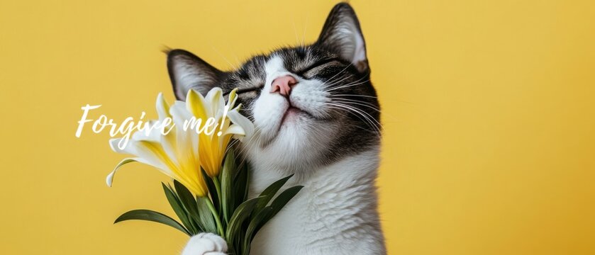 Vers&ouml;hnlicher K&auml;tzchen mit Blumenstrau&szlig;: Entz&uuml;ckendes Stockfoto f&uuml;r Vergebung