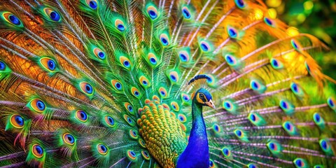 Obraz premium A majestic peacock with vibrant plumage, its feathers displaying an intricate array of colors, showcasing the beauty and elegance of nature's artistry.