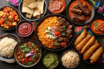 Delicious indian cuisine with various curries, rice dishes, naan bread, spring rolls, and sauces served in black bowls on a dark tabletop