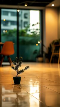 Modern Office Interior Plant  Small Tree in Pot  Sunny Floor