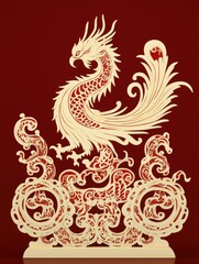 Elegant Paper Cut Design of a Mythical Phoenix on Red Background