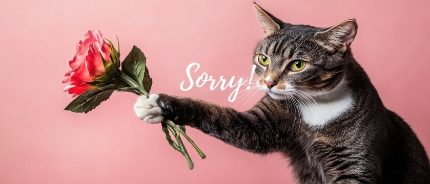 Entschuldigen Sie, Katze mit Rose auf rosa Hintergrund  Stockfoto