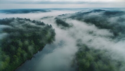 Obraz premium aerial view from the top of the mountain with fog or smoke