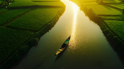 Beautiful traditional asian boat on the river background village canal and boat background fishermen are fishing in boats in the middle of the river areal view scene