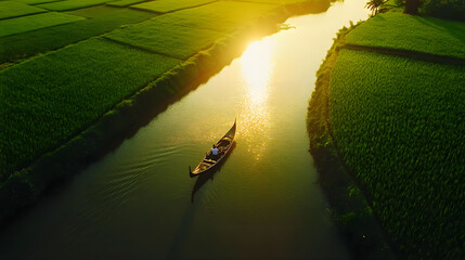 Country boat on canal showcasing local green rice plants field scene asian river in the green rice plants and a boat background countryside canal and boat at sunrise areal scene
