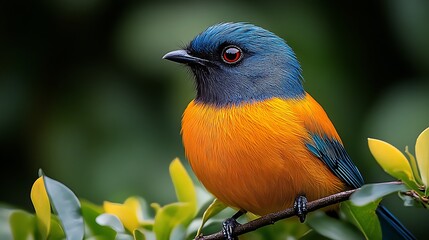 Fototapeta premium Vibrant blue and orange bird perched on a branch.