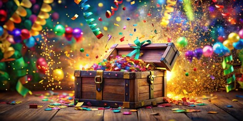 A wooden treasure chest overflowing with colorful confetti and ribbons, symbolizing the joy and excitement of a special occasion.