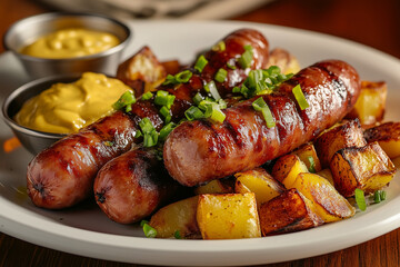 A grilled sausages with a golden-brown sear, nestled next to roasted baby potatoes with crispy skins.