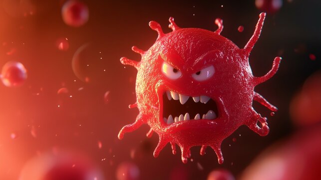 angry red cartoon cancer virus  cell on red background