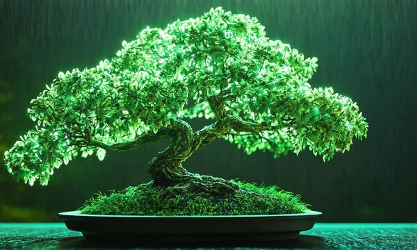 Glowing green bonsai tree in rain.