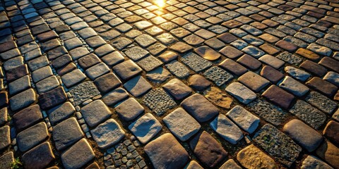 A cobblestone path bathed in the warm glow of the setting sun, casting long shadows that dance across the irregular stones.