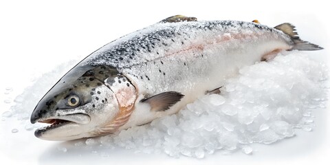 Fototapeta premium frozen salmon on ice isolated on white background